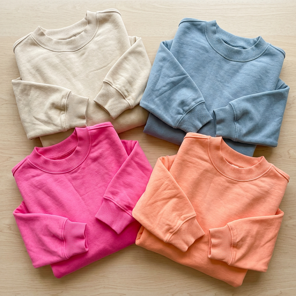 Post showing folded pullovers in cream, blue, pink and peach