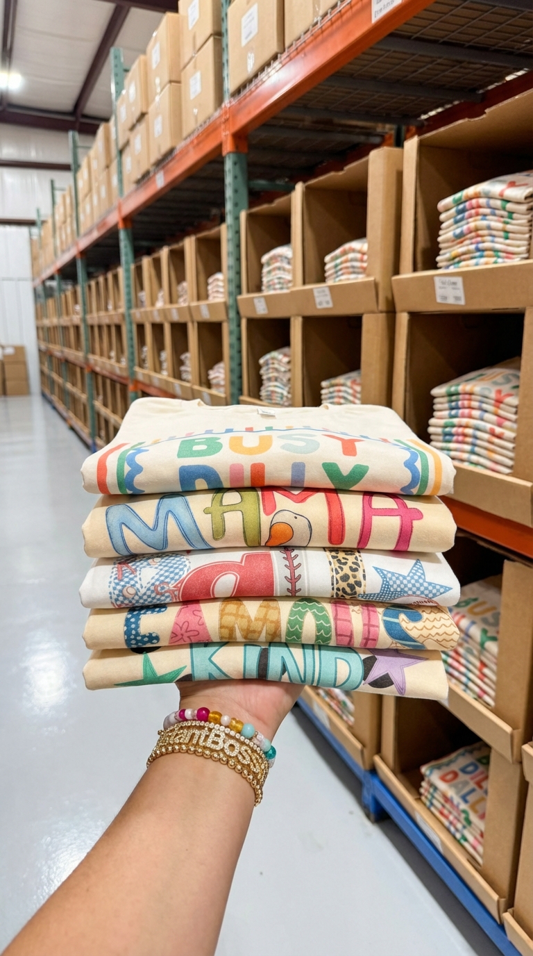 Post showing a stack of printed graphic tees in a warehouse